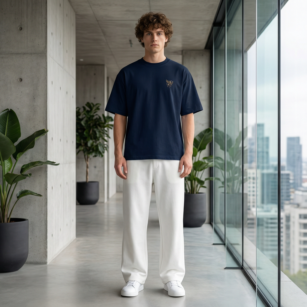 تيشيرت عضوي للجنسين، فضفاض، بياقة عالية