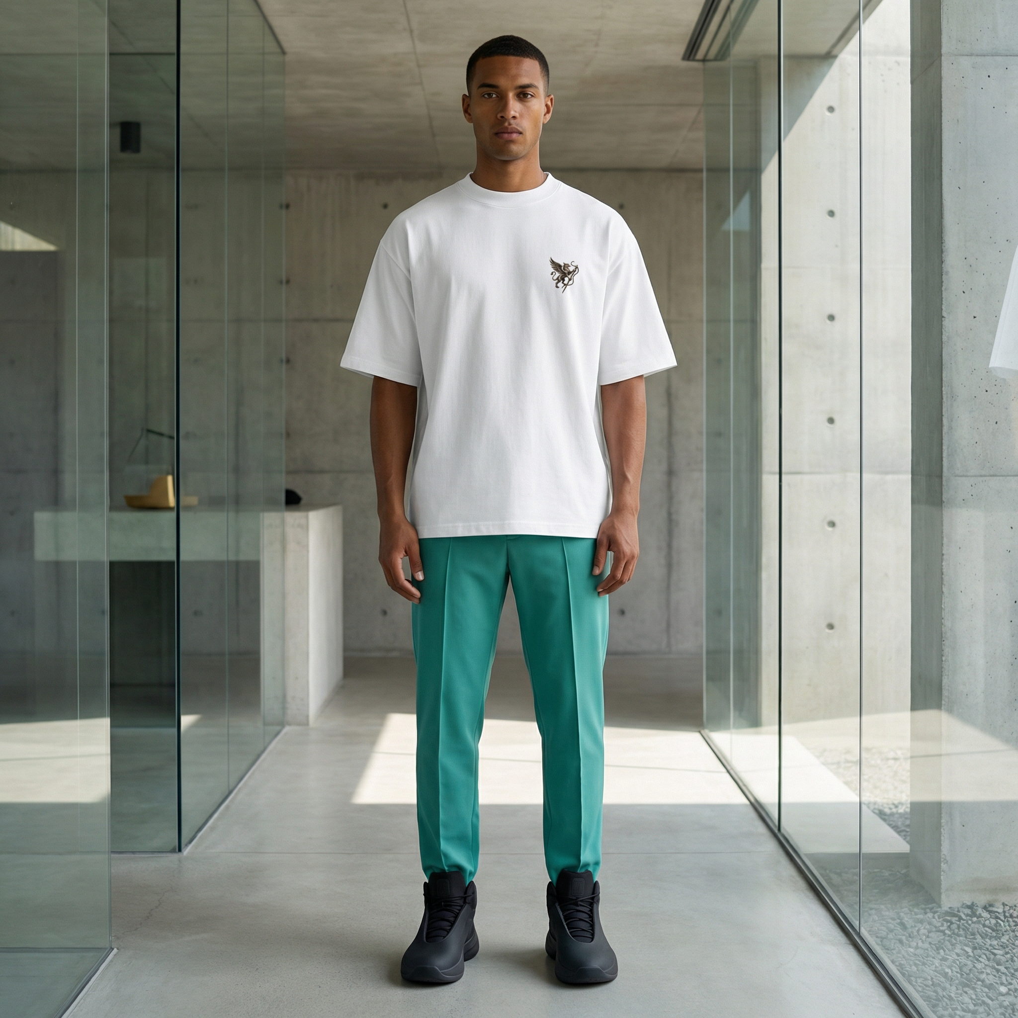 تيشيرت عضوي للجنسين، فضفاض، بياقة عالية